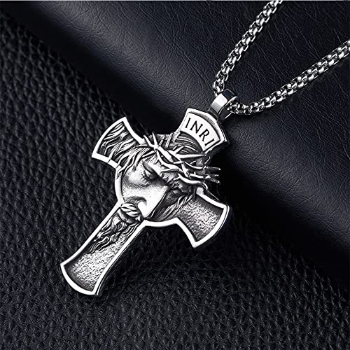 NIGHTCRUZ INRI Jesus Christ Necklace, Cross Pendant Necklace with Crown of Thorns Jesus4
