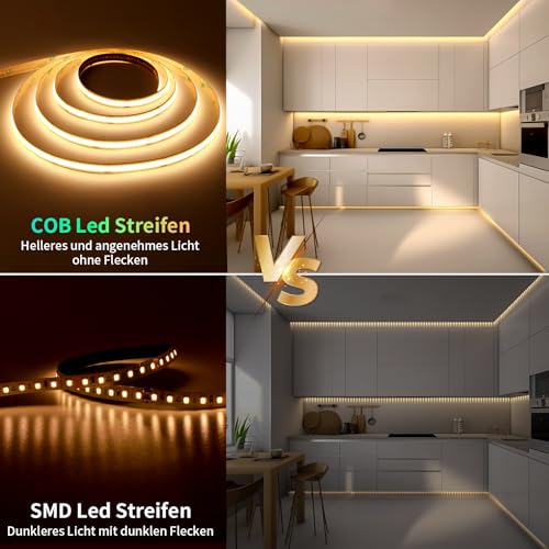 Öuesen COB LED Streifen Warmweiss 5M, Led Strip Dimmbar 24V, 3000K, Lichtband LED Selbstklebend, IP44 Wasserdicht, Band mit Fernbedienung, Lichtleiste für TV, Küche, Wohnzimmer, DIY Indoor Outdoor