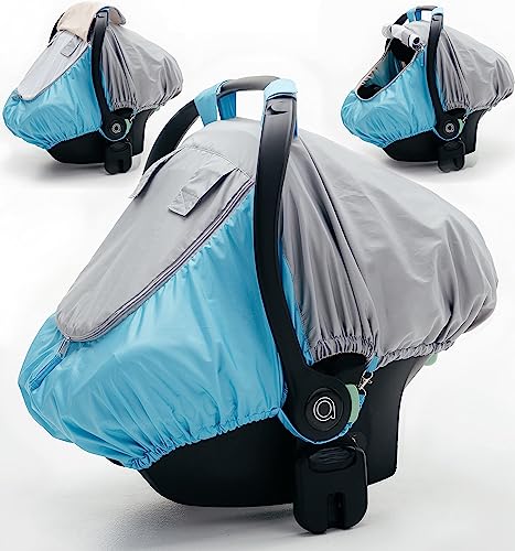Image of Universal Fit Car Seat Covers for Babies by SA ACCESSORIES – Waterproof Infant and Baby Car Seat Cover with Storage Bag - Carseat Canopy for Boys and Girls – Grey and Blue