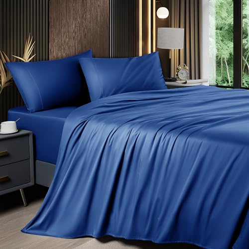 Image of Shilucheng 4 Piece Full Sheet Sets, Cooling Sheets, Blend Rayon Derived from Bamboo, Deep Pocket Up to 16 inch, Breathable & Soft Bed Sheets, Hotel Silky Bedding Set, Navy Blue