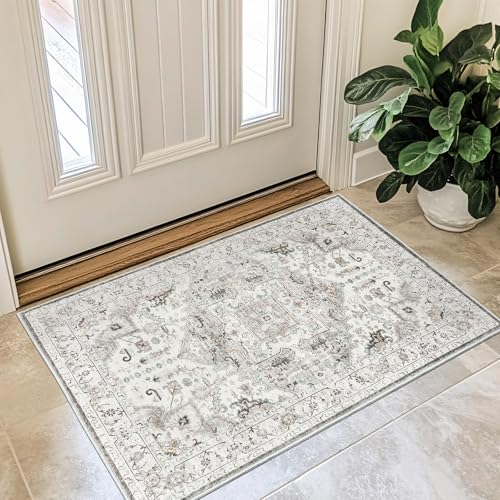 Madane Washable Area Rug 2x3, Small Entryway Rug Non-Slip Vintage Door Mat Indoor Entrance, Low Pile Floor Carpet for Inside Front Door Bedroom Kitchen Entry Laundry (2'x3', Ivory/Brown)