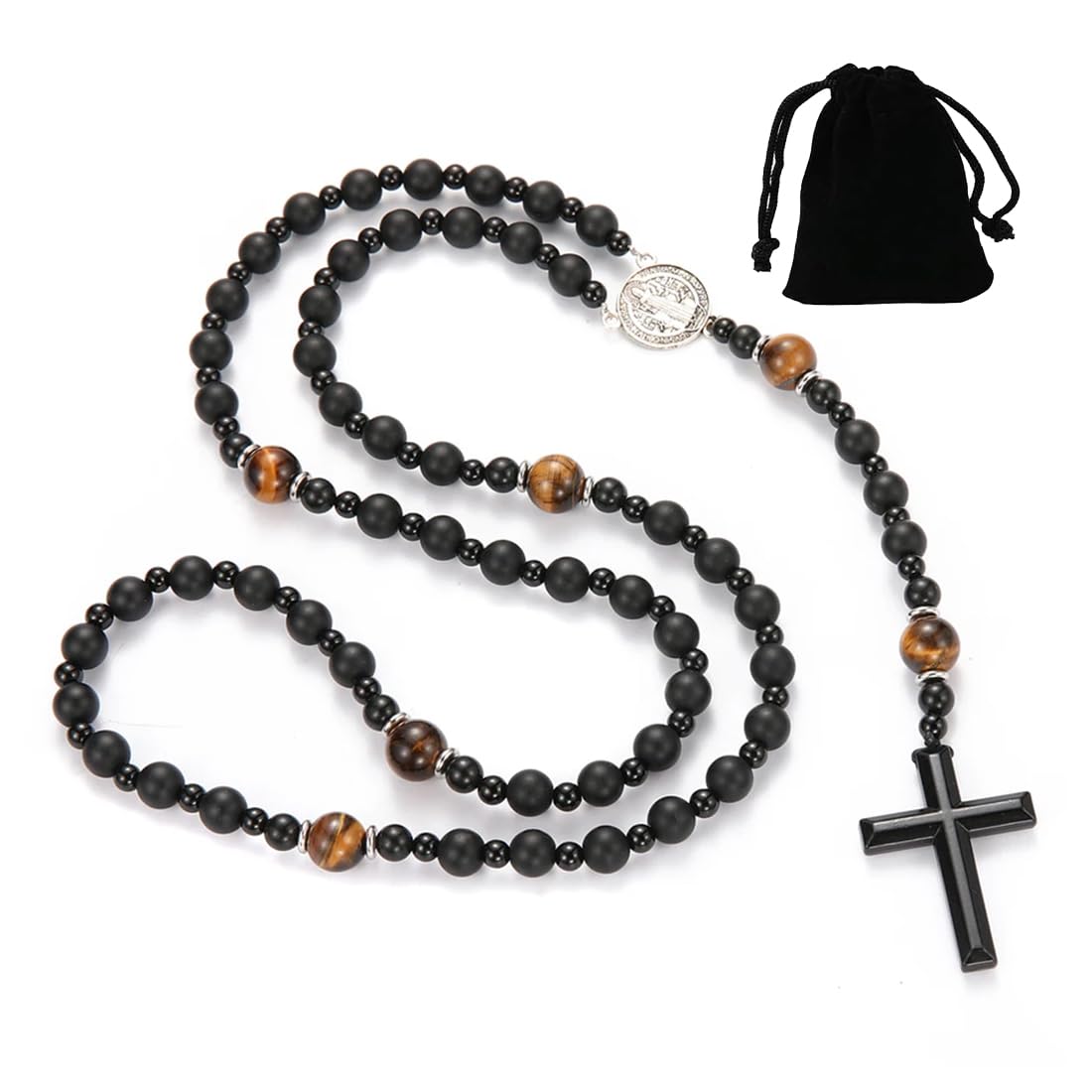 Rosario cattolico con borsa di flanella, collana uomo donna, pietra vulcanica nera naturale, medaglia, Nero