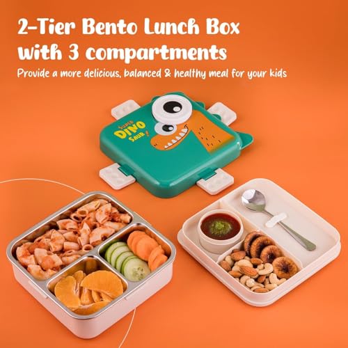 Image of TEKCOOL 3-Compartment Stainless Steel Lunch Box - Insulated, Leak-Proof & BPA-Free Bento Box with Tray, Spoon & Container for School, Office, Travel - 1120ml + 70ml, Green;