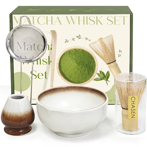 COWCOWCOW Matcha Whisk Set, Full Matcha Set with Matcha Whisk, Bowl, Sifter, Spoon, and Whisk Package for Ceremonial Grade, Tea Presents for Tea Lovers for Christmas, Birthday, Halloween