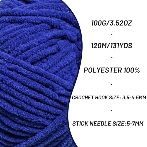 Image of Plush Chenille Chunky Crochet Yarn - Baby Yarn for Crocheting Soft - Velvet Yarns Knitting for Blankets Crafts - Fluffy Amigurumi Yarns 100g / 131yd (Sapphire Blue)