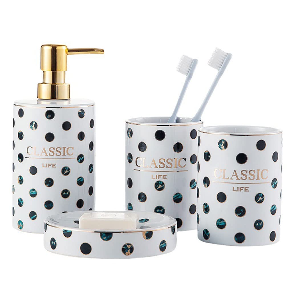 FEFCK Creative Nordic White Ceramic Bathroom Accessories Set, 4 Pieces Bathroom Vanity Countertop Accessory Set with Lotion Soap Dispenser, Bathroom Tumbler, Soap Dish