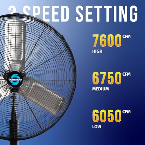 Image of Tornado 24 Inch High Velocity Stationary Non-Oscillating Metal Pedestal Fan Commercial, Industrial Use 3 Speed - 7600 CFM 6.6 FT Cord UL Safety Listed