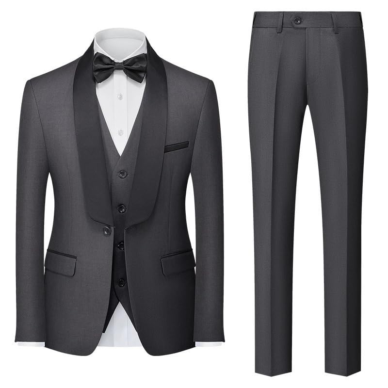Men’s 3 Piece Slim Fit Formal Business Suit Set Pants Vest Tuxedo for Prom Wedding Dinner Graduation(Gray,Large)