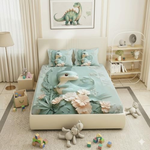 Image of Filymore 7D bedsheet for Kids Cute Baby Dragon Print for Super King Size Double Bed 300TC Microfiber with 2 Pillow Covers | Size (108 X108) Inches | Green Dino Bed Cover for Boys and Girls