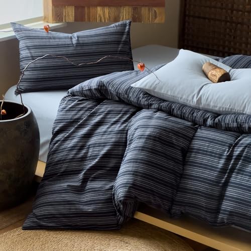 Image of VM VOUGEMARKET Blue White Stripe Duvet Cover Set - Soft Washed Cotton,Modern Neutral Ticking Pinstripe Minimalist, 3 Pieces,Navy Blue,Queen Size