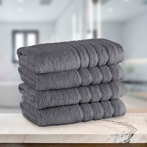 Image of Elegant Comfort 100% Turkish Cotton 4 Lines Viscose Stripe Luxury 4 Pack Hand Towel Set - Ultra Absorbent and Soft 16 x 28 Inch Premium Hotel Spa Quality Towels for Everyday Bath Use, Gray