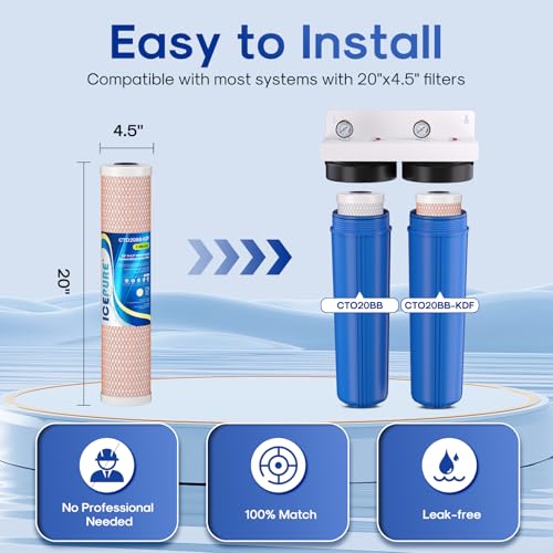 Image of ICEPURE 2-Stage 20 inch x 4.5 inch Whole House Water Filter Combo Set, 20 Inch CTO Carbon Block Cartridge and KDF Heavy Metal Removal Water Filter Replacement for FC25B, CB-BB-20, DB20P, Pack of 1