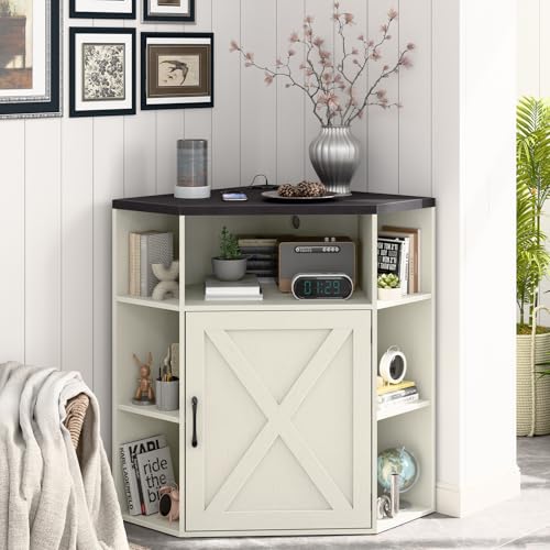 Image of Halitaa Corner Storage Cabinet, Farmhouse Corner Bookshelf with Storage 6-Cubby Wooden Cabinet with USB Ports and Outlets Industrial Organizer for Small Space, Study, Playroom, Rustic White and Black