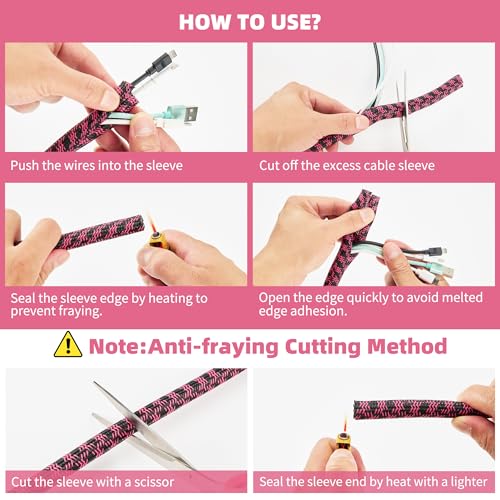 Funda de cable de 3/8 autoenvolvente de 50 pies negra y rosa para escritorio y PC 4