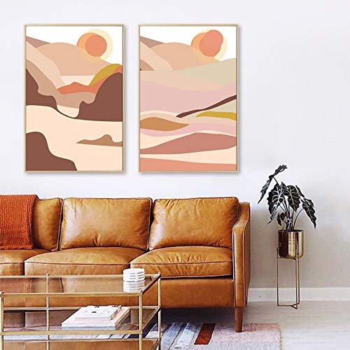 Toile peinture scandinave abstrait montagne soleil décor nordique salon 70x100cm x2 sans cadre