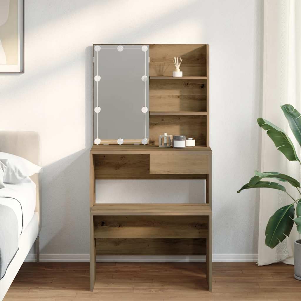 Set Toeletta con LED Rovere Artigianale in Legno Multistrato con Sgabello