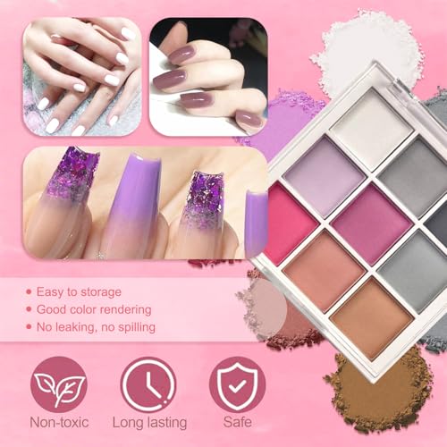 Image of 9 Colors Pigment Powder for Nails, Ombre Aura Nail Pigment Powder Palette Set and Nail Art Sponges with Grabbing Pen, Pigmentos para Unas, A