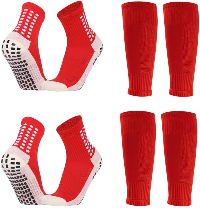 2 Set Kids Grip Soccer Socks with Shin Guard Sleeves, Anti-Slip for Ages 7-14 Youth Boys Football Basketball Training