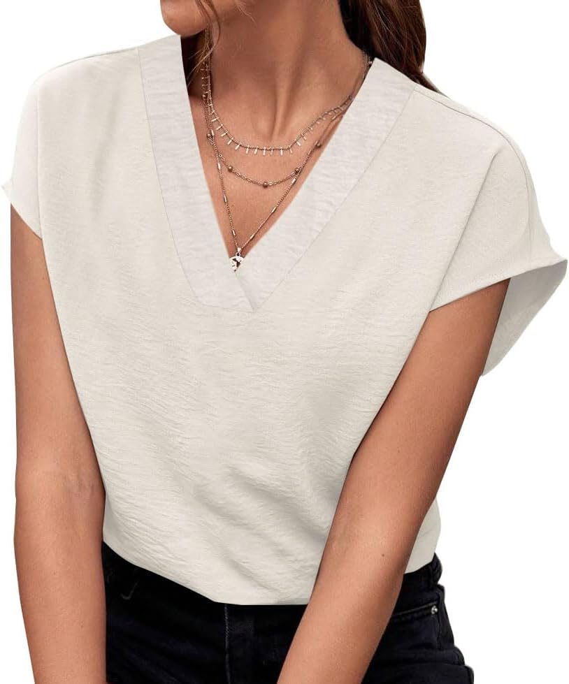 Women's V Neck Blouse 2025 Summer Textured Chiffon Top Cap Sleeve Loose Shirt for Office Work Casual