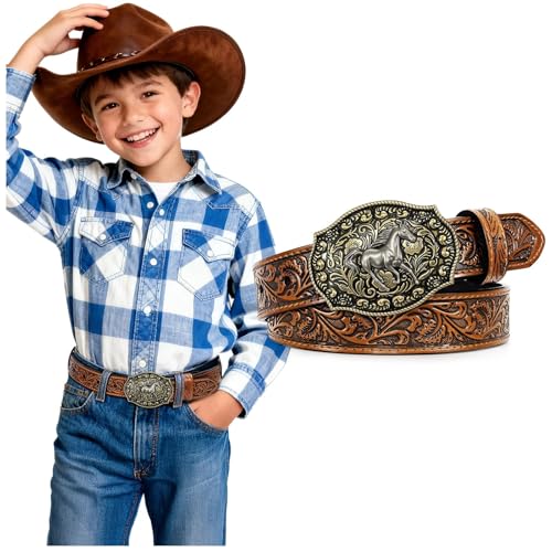 SANSTHS Kids Western Belt for Boys Girls Genuine Leather Cowboy Cowgirl Belts with Detachable Buckle for Jeans Western Gifts Slivery Horse Buckle/Brown Belt