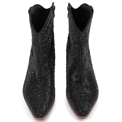 Image of Cowgirl Ankle Boots Cowboy Boots for Women Western Booties Rhinestone Chunky Heel Fashion Comfortable Side Zipper