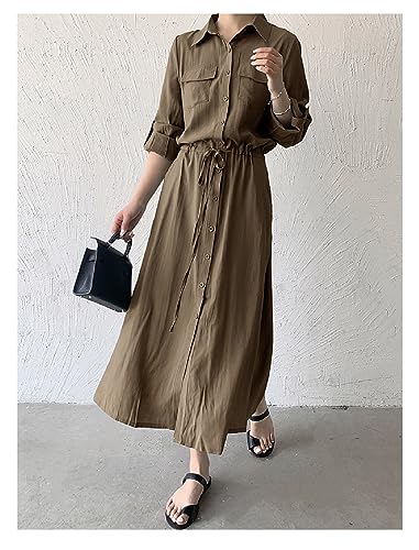 Image of Women Roll-Up Long Sleeve Button Down Shirt Midi Dress