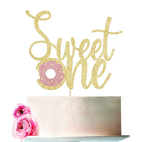 Bejotaa Donut Sweet One Cake Topper- 1St Birthday For 1St Birthday, Smash Cake Topper, Candyland Sweet One Cake Decorations (Golden)