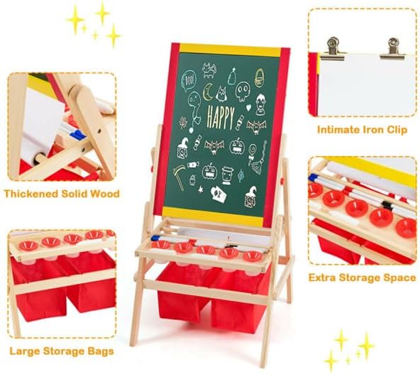 Double-Sided Art Easel with Magnetic Whiteboard & Chalkboard, Paper Roller, Wooden Easel for Drawing & Learning, Easel Wooden Art Center Double Sided Magnetic Chalkboard (Multicolor)