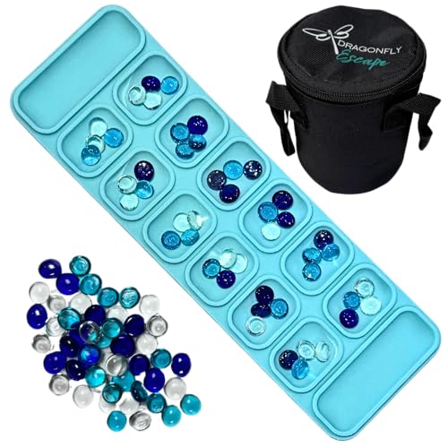 Dragonfly Escape Travel Mancala Board Game Set – Flexible Silicone Roll-Up Board, 50 Stones &...
