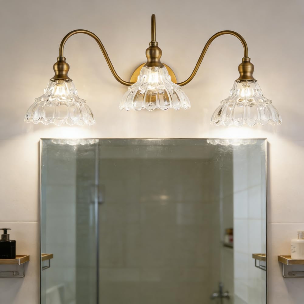 XINYASEE Applique d'intérieur avec abat-jour en verre vintage G9 Applique de salle de bain avec double et triple têtes pour salon chambre à coucher cuisine vanity (noir, or) (Or-3)