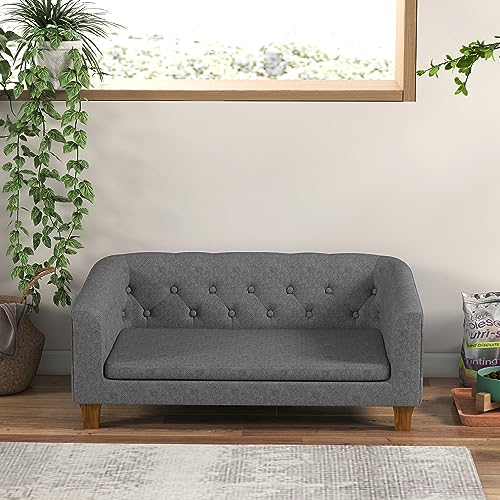 PawHut Sofa für Hunde und Katzen, erhöhtes Sofa für kleine und mittelgroße Hunde, mit abnehmbarem weichem Kissen, einfache Installation, 96 x 60 x 42 cm, Grau