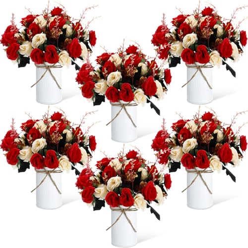 Domensi 6 Sets Wedding Centerpiece for Table Artificial Rose with Vase Fake Bouquets and Metal Pot Floral Arrangements for Mother's Day Holiday Party Event Table Decor (Red)
