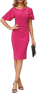 Vestido Elegante con Lazo para Mujer Cuello Redondo Manga Corta Vestido de Tubo de Color sólido para Trabajo Fiesta cóctel S-XXL