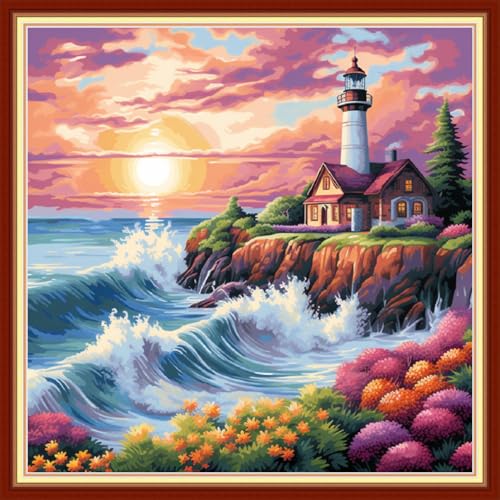 Image of Joyhoor Stamped Cross Stitch Kits for Beginners, Needlepoint Kits for Adults, 11CT Counted Embroidery Kits-Seaside Lighthouse 18x18 inchs