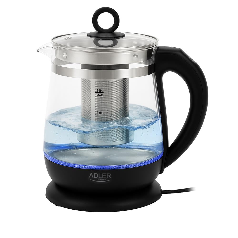 ADLER EUROPE AD 1299 - Hervidor de agua (cristal, 1,5 L, iluminación LED, control de temperatura 60-100 °C, colador de té, función de mantenimiento del calor, 2200 W), color negro