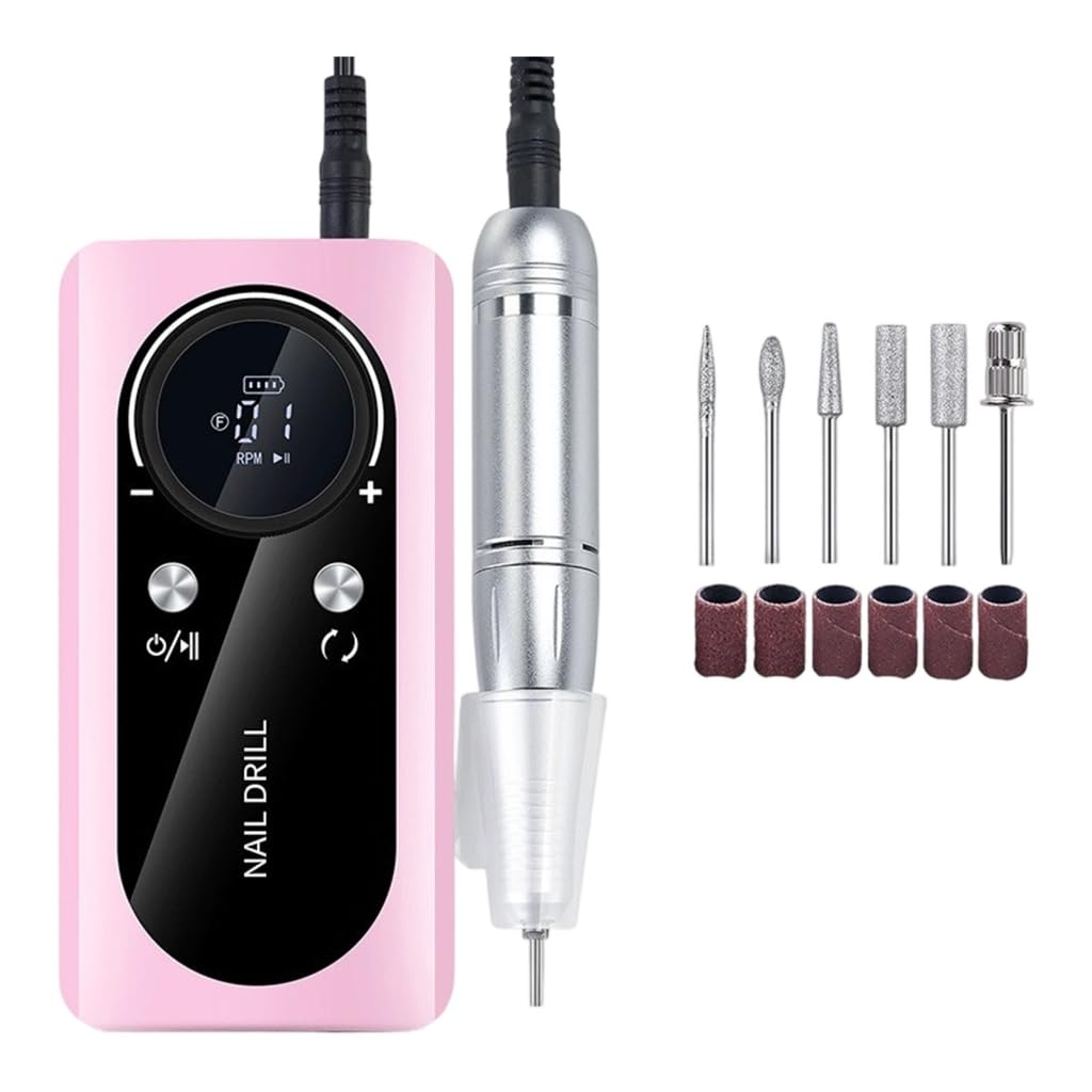 Electric Nail Drill Machine, 45,000RPM Professional Rechargeable Nail Drill with LCD Display, 6 Bits and Sanding Bands, Low Heat Quiet E-File for Acrylic Gel Nails (White)