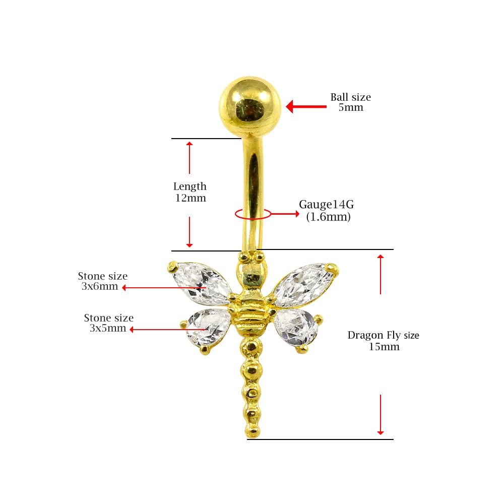 Piercing para ombligo de oro amarillo macizo de 14 quilates con circonita cúbica y libélula – Joyería para el ombligo de 14 quilates – Piercing para el ombligo calibre 1, 14 Gauge - 14mm