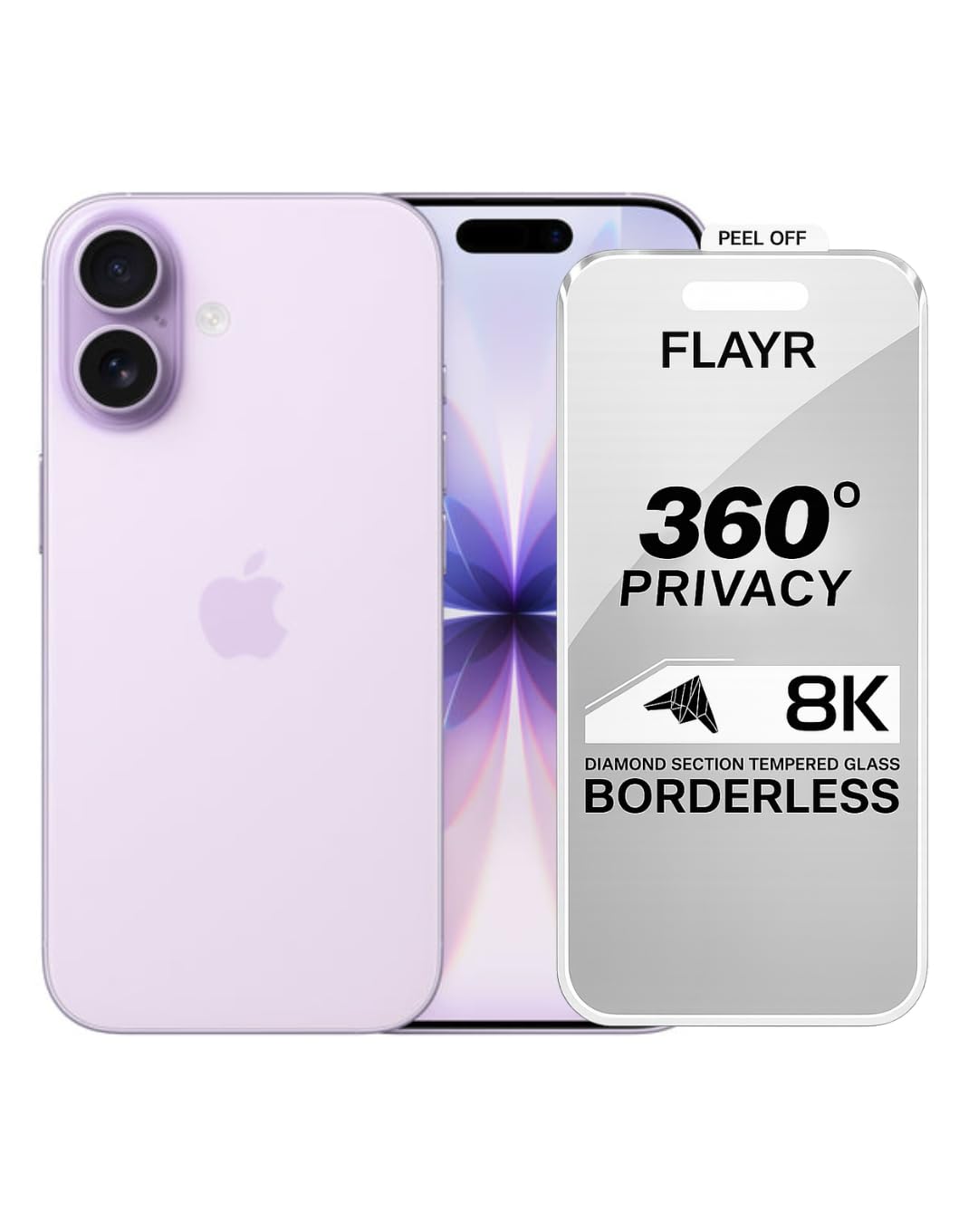 flayr 360° privacy tempered glass for iphone 17 borderless | 8k diamond section, 360° privacy shield, borderless design, tempered glass, easy peel off