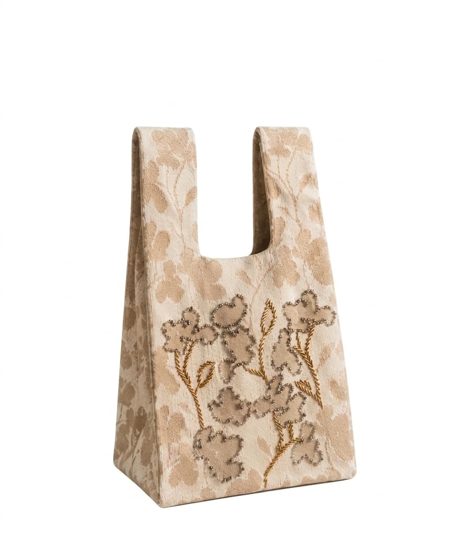 Genérico Bolso Tote Beige de Jacquard con Bordado Artesanal de Flores en Cuentas y Canutillos, Bolso de Mano Elegante de Lujo