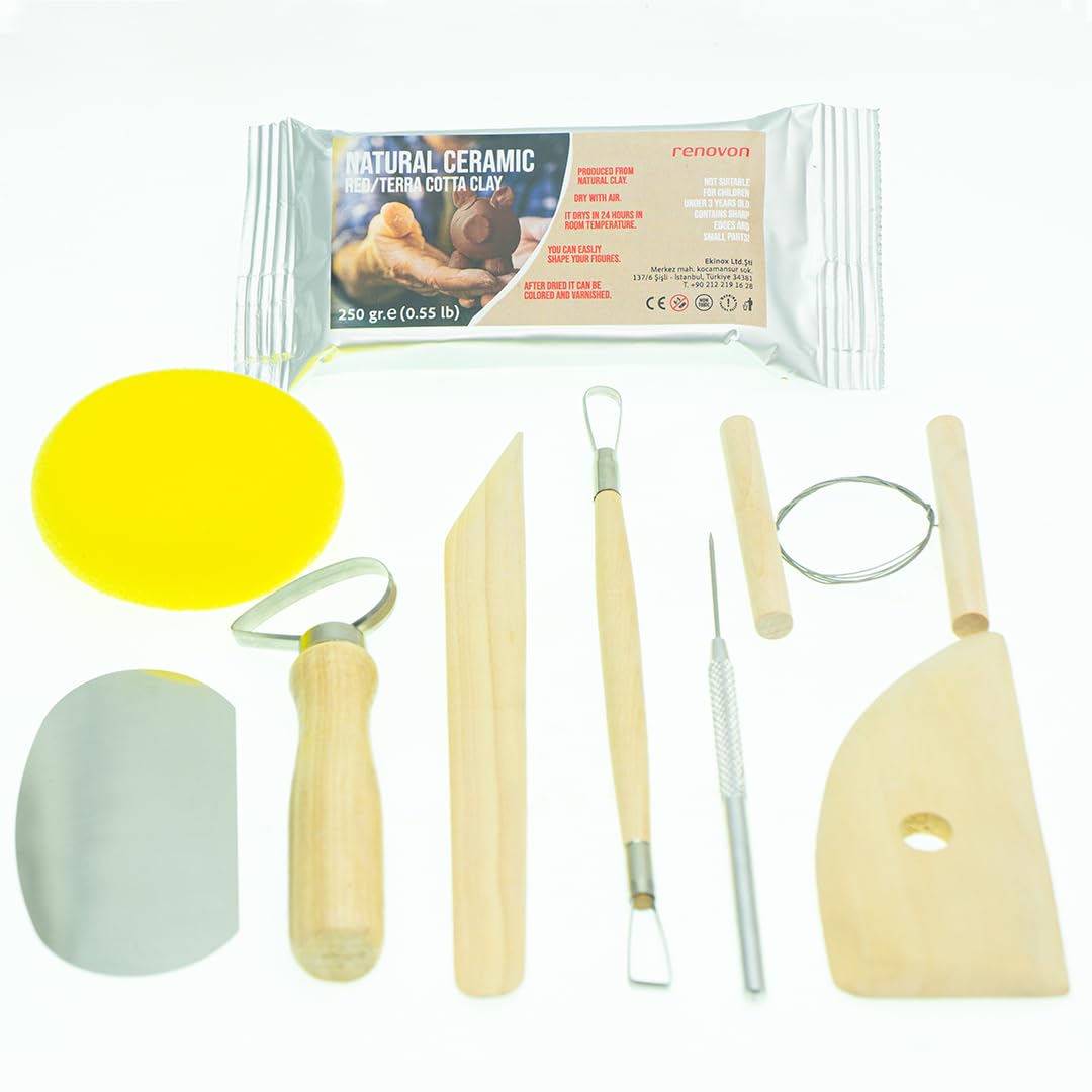 RENOVON Ahşap Saplı Seramik ve Doğal Kil Hamuru Oyma Şekil Verme Alet Seti Yeni Başlayanlar İçin Ceramic Şekillendirme El Aleti Seti (Kırmız Kil/Terra Cotta Clay) Pottery Tool kit