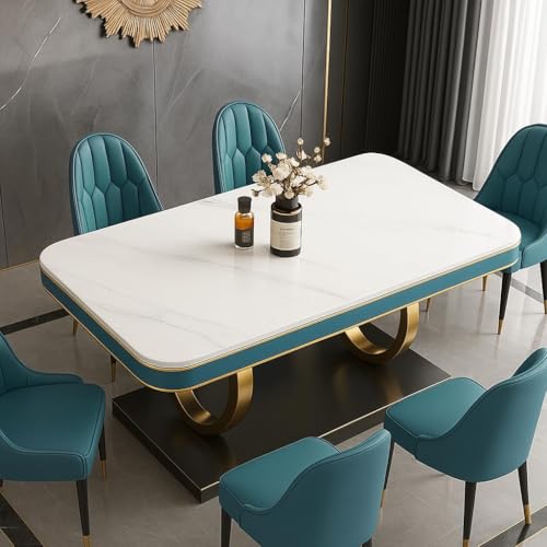 Image of 6-Seater Dining Table with Nano Composite Marble Top and PVC Golden Wooden Base |2yr Warranty - Includes 6 Fabric Upholstered Chairs (Sea Blue, White Nano Composite Marble Top)