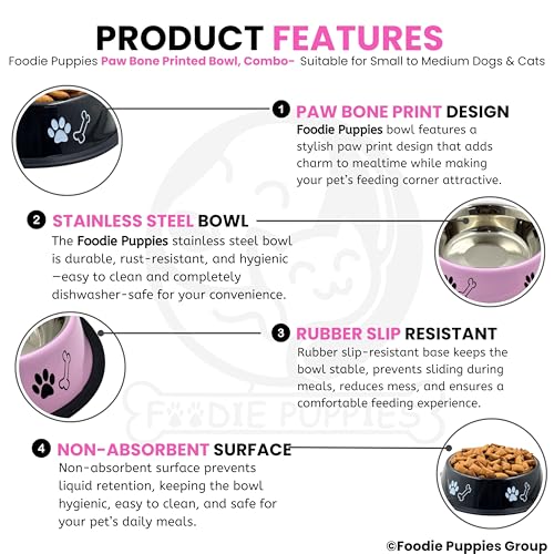 Image of Foodie Puppies Stainless Steel Dog Bowl Combo - (Medium, 700ml) Food and Water Feeding Gift Bowl | Suitable for Dogs, Cats and Other Pets I Paw Bone Print, Anti-Skid Rubber Base (Pink + Black)