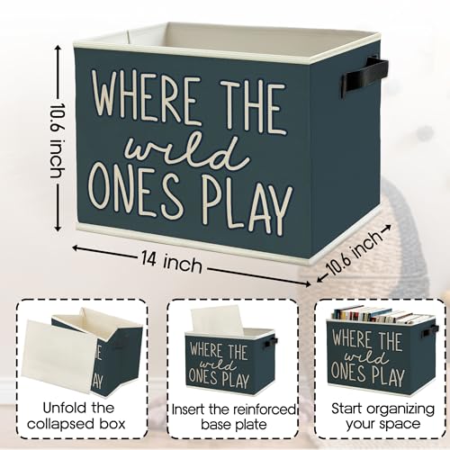 Image of Olive Blue Boho Classroom Storage Bins Box with Handles, Where the Wild Ones Play Collapsible Basket Organizer for Kids Playroom Nursery Bedroom Bathroom Books Clothes