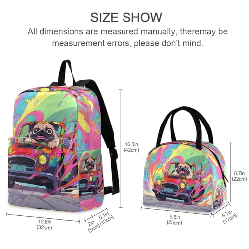 Pug Driving Print Backpack Set with Lunch Bag, Large Capacity Travel Backpacks and Lunch Box Insulated for Commute Hiking Picnic2