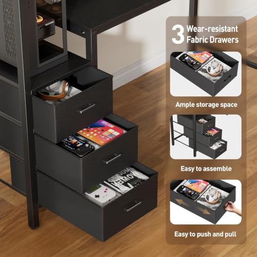 Image of HLDIRECT 60 inch Gaming Desk with 3 Fabric Drawers & Side Hooks-Reversible Home Office Computer Desk with Power Outlets & Led Lights, Gamer Desk Table with Monitor Stand, Black
