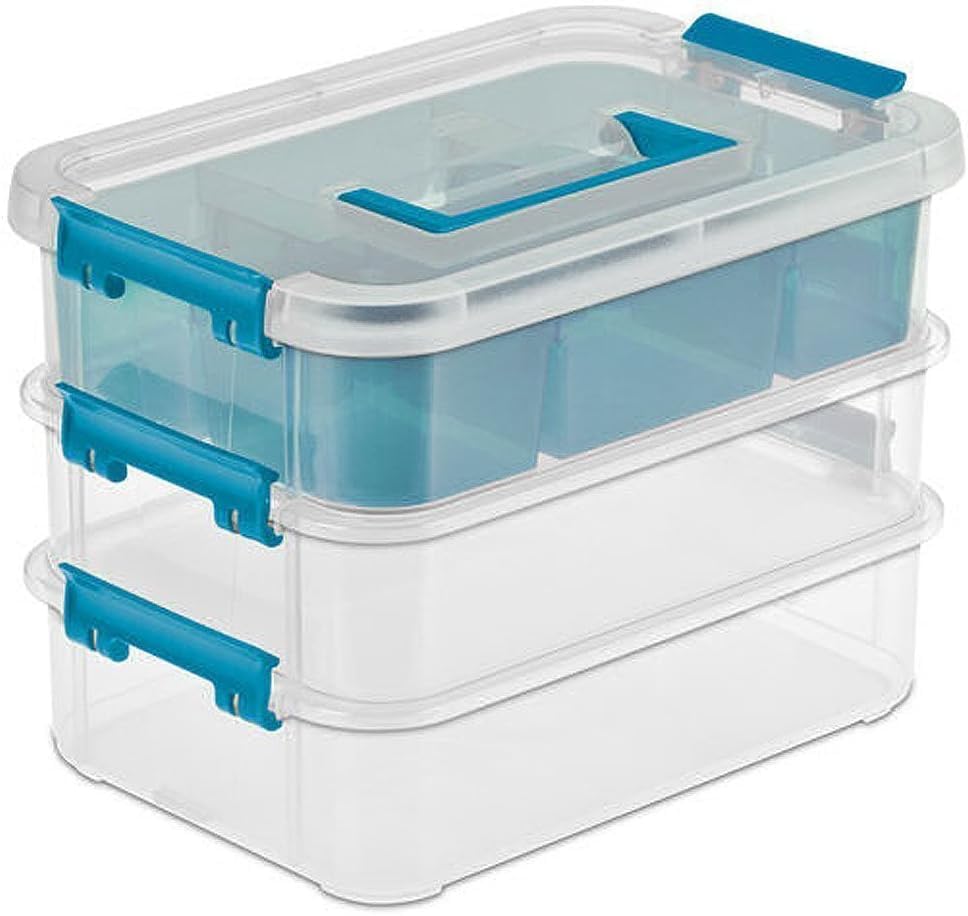Image of plastic boxes for Storage transparent boxes for storage, Portable & Stackable Space Saving Organiser with Lid for Medicine, Jewelry, Arts & Crafts, Buttons, Beads (Blue, 3 TIER WITH 1 TRAY)