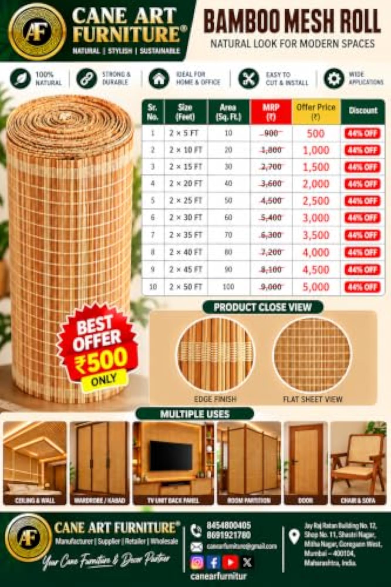 Bamboo Mesh Roll Natural Woven Sheet, 2 X 35 Feet