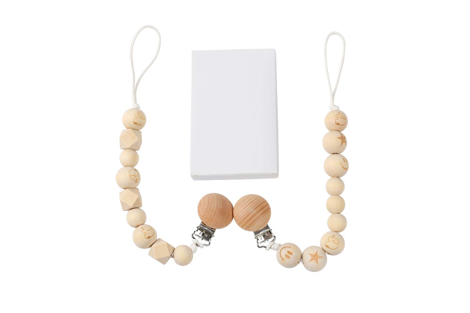 Pacifier Clip Set 2 Pack Elephant Smiling Face Wooden Beads for Baby Boy Girl , Stuffed Animals, Soothie/MAM, Infant Blankets and Drool Bibs.