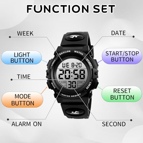 Image of Dayllon Kids Digital Watch Boys Outdoor Sports 50M Waterproof Girls Watches Alarm Clock 12 /24 H Stopwatch Calendar for Ages 3-15 Boy Girl Wristwatch Kids Gift