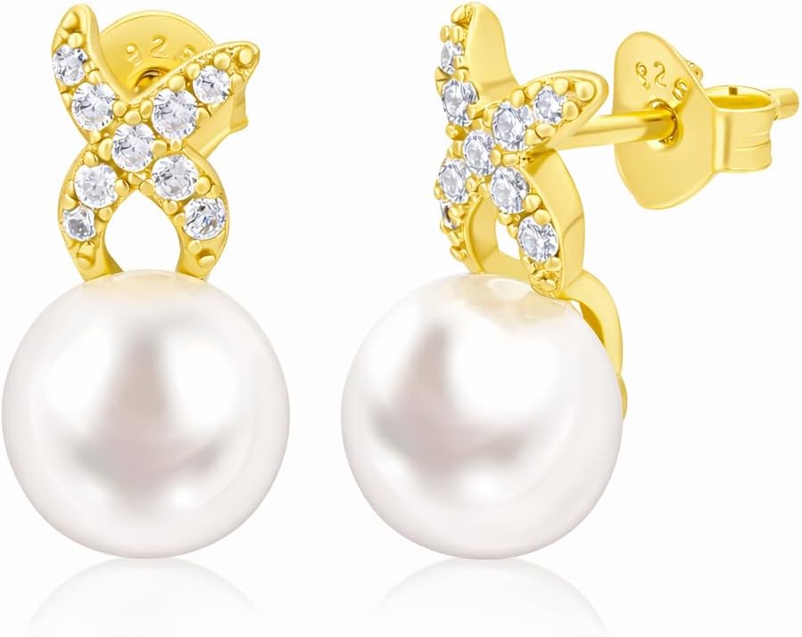 KRKCLIFE Freshwater Pearl Stud Earrings for Women, AAAA Real Round Pearl, 14K Gold Plated S925 Sterling Silver, Hypoallergenic, Elegant Gift for Women Anniversary, Birthday, Daily Wear 5.5/6.5/7.5mm